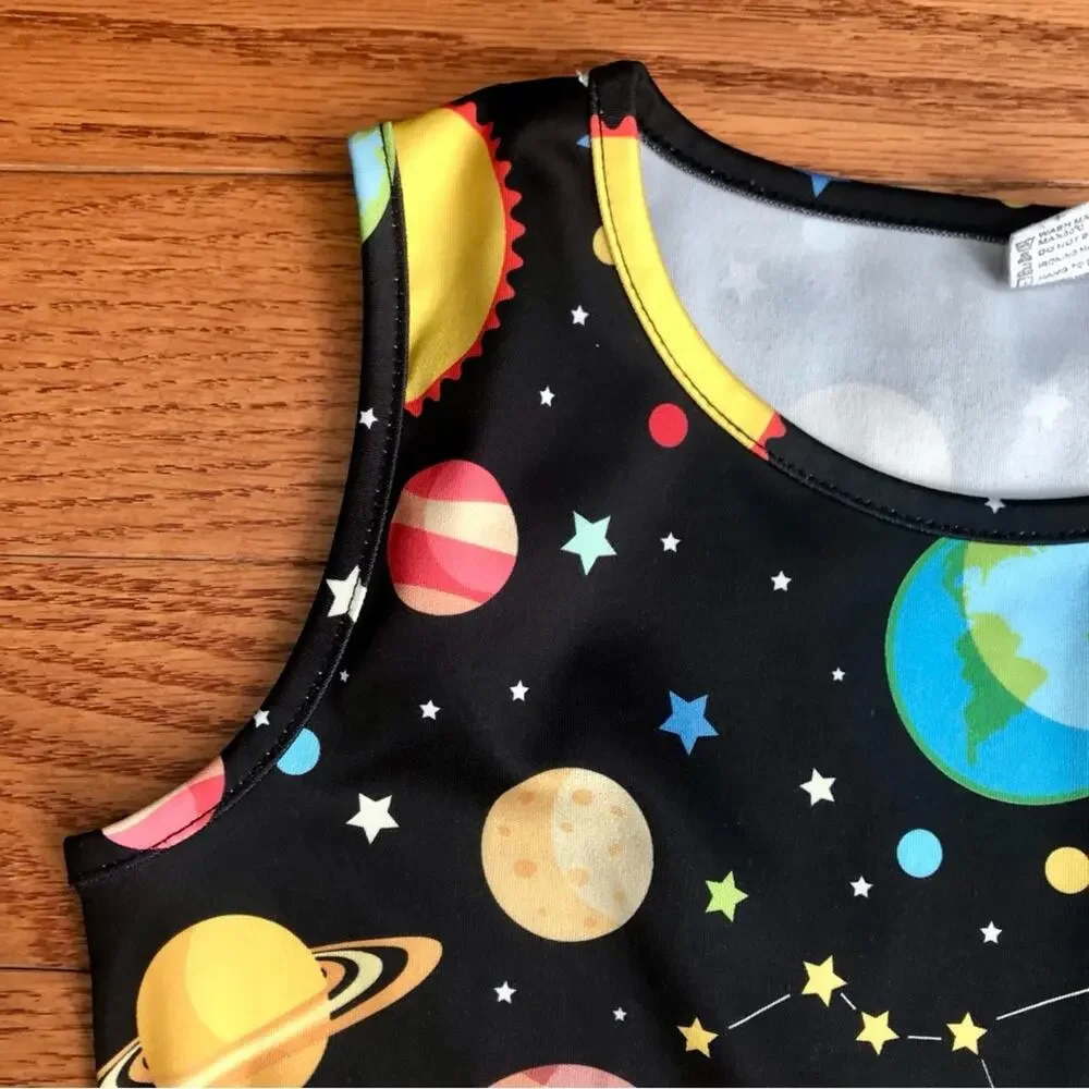 Funnycokid Planets Astronomy Print A-Line Skater Black Dress Girl’s Size XL